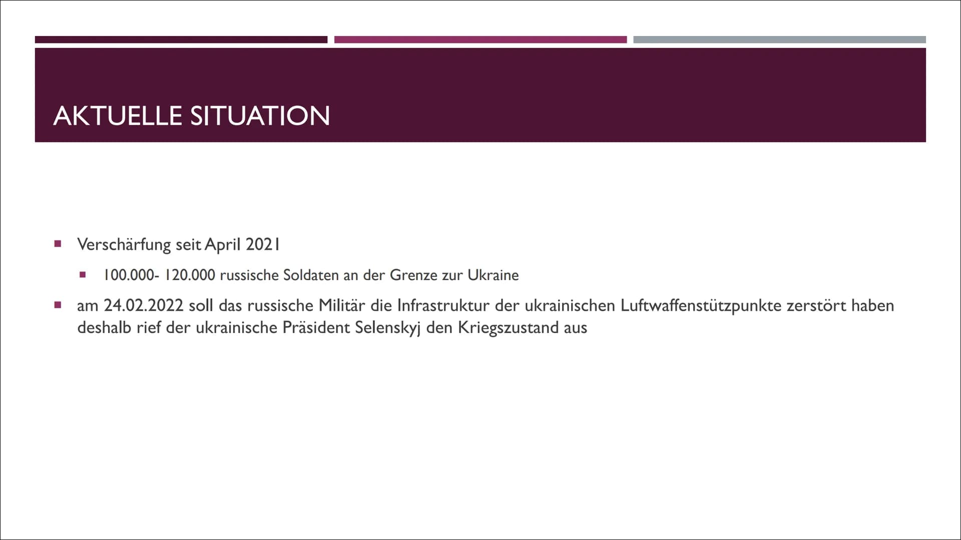 DER RUSSLAND UKRAINE KONFLIKT INHALTSVERZEICHNIS
■
■
■ Aktuelle Situation
■
■
Der Hintergrund
Der Osten des Landes
Akteure und ihre Ziele
■
