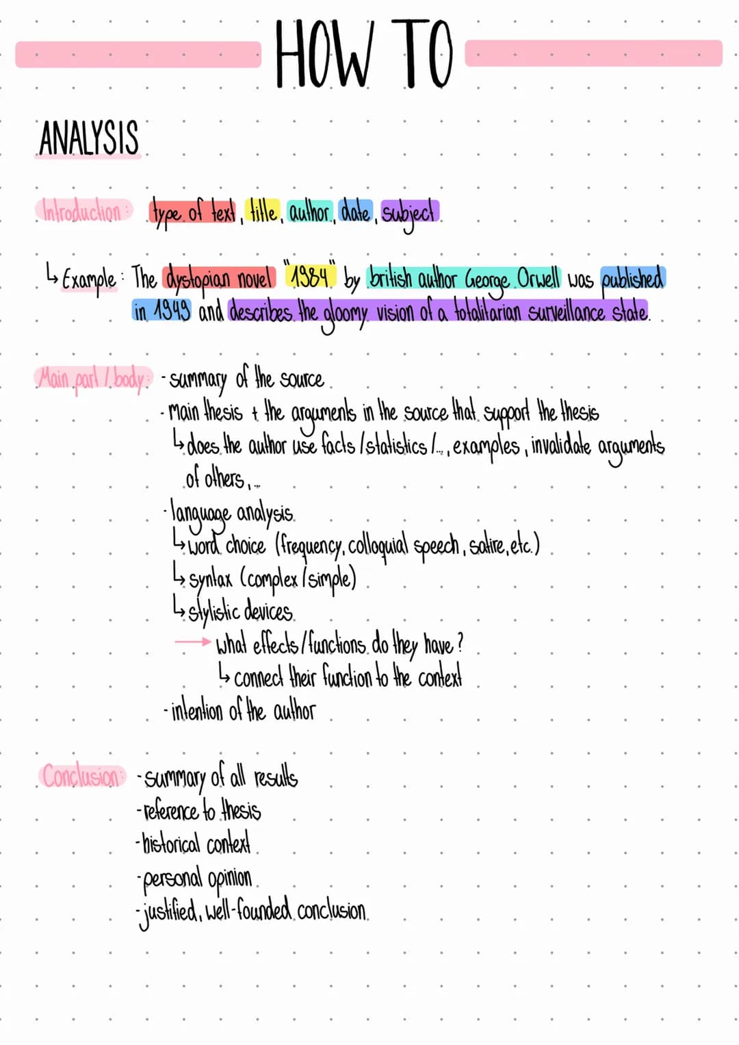 HOW TO
ANALYSIS
• Introduction type of text, title, author, date,
1, subject.
↳ Example: The dystopian novel "1984" by british author George