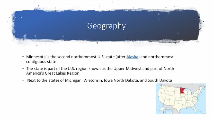 Minnesota ●
General information
Geography
Big cities
Sport clubs
Sources
Content General information:
• Minnesota is a state in the Upper Mi