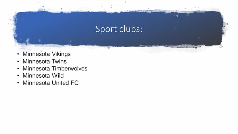 Minnesota ●
General information
Geography
Big cities
Sport clubs
Sources
Content General information:
• Minnesota is a state in the Upper Mi