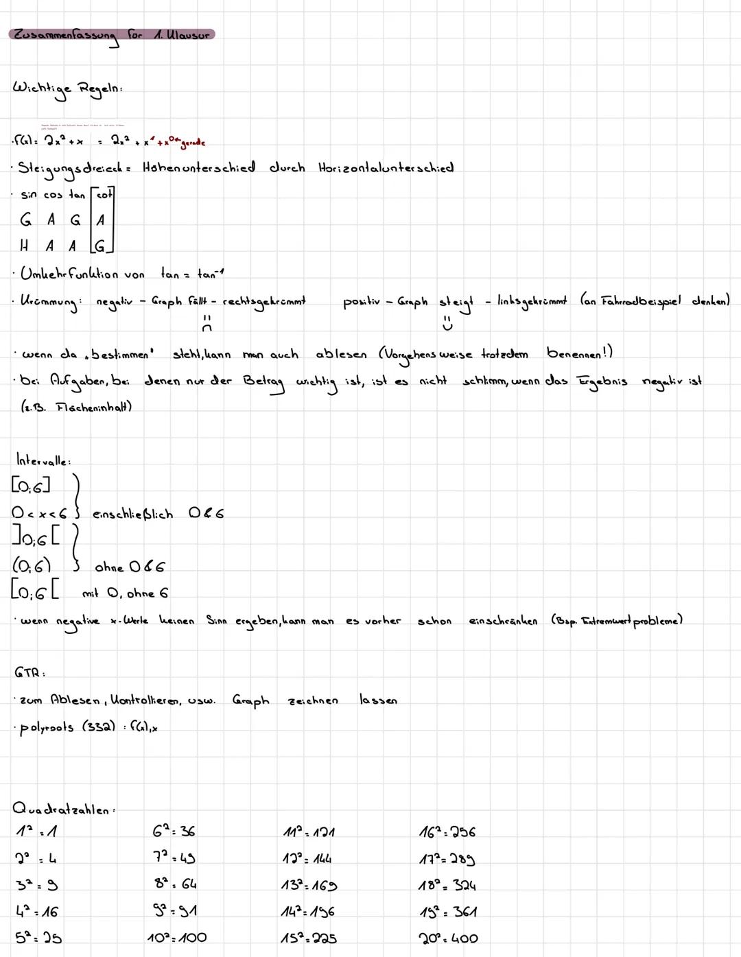 # Zusammenfassung for 1. Ulausur

Wichtige Regeln.

f(x)= 2x²+x - 2x²+x+x gerade

•Steigungsdreiech: Hohenunterschied durch Horizontalunters