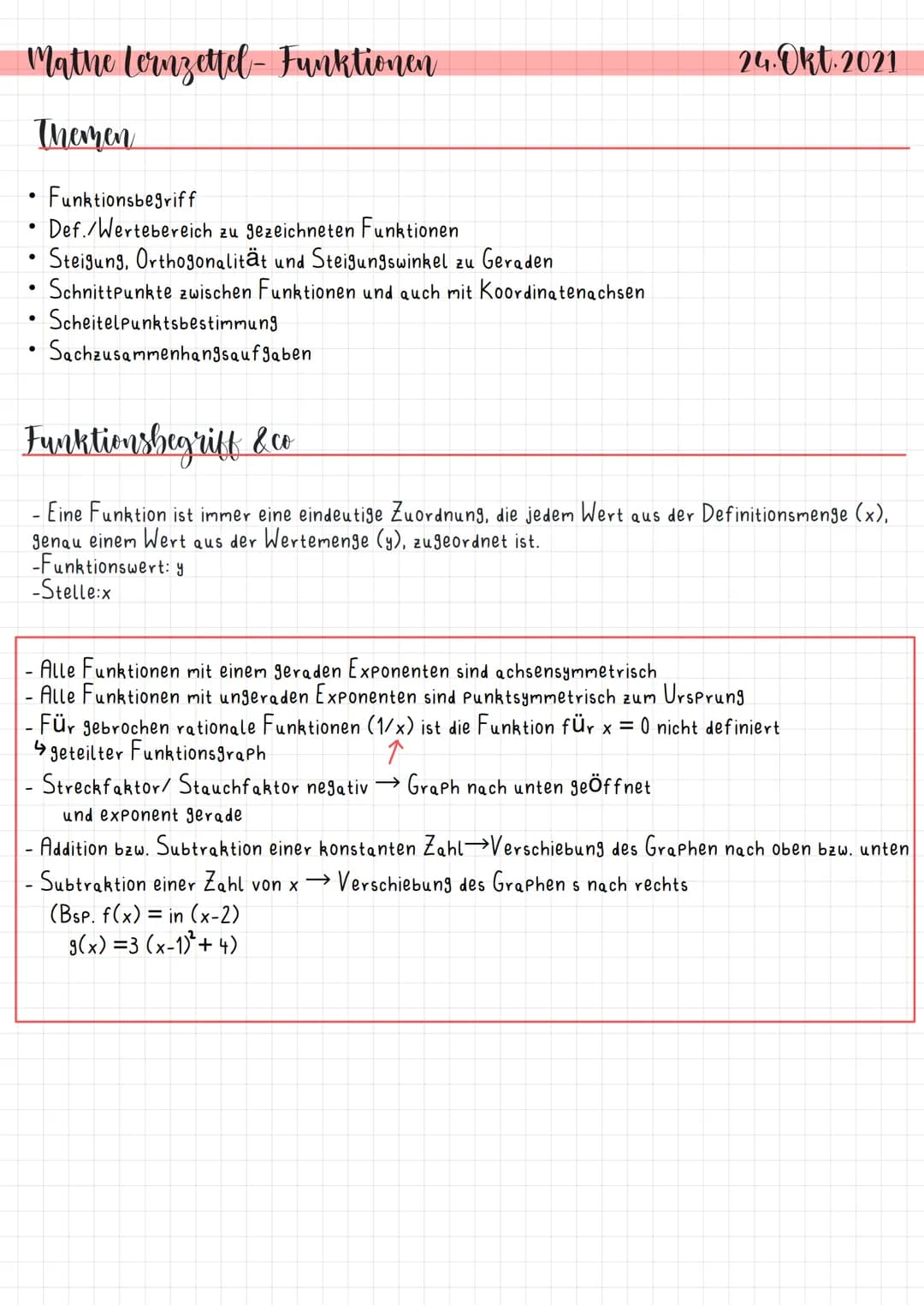 Mathe Lernzettel - Funktionen
Themen
Funktionsbegriff
Def./Wertebereich zu gezeichneten Funktionen
•Steigung, Orthogonalität und Steigungswi