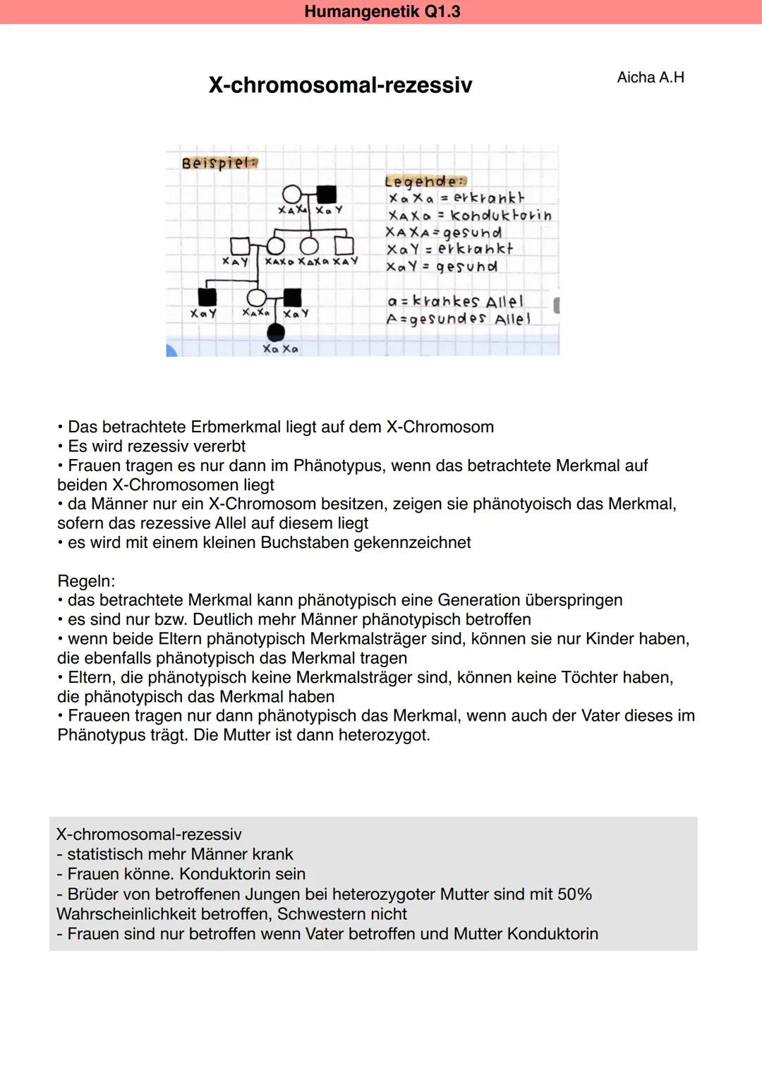 # Humangenetik Q1.3

Aicha A.H

Grundbegriffe der MENDEL- GENETIK: Gen, Allel, Genotyp, Phänotyp,
homozygot, heterozygot, dominant, rezessiv