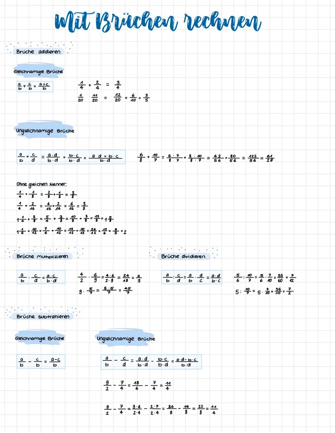 # Mit Brüchen rechnen

Bruche addieren

Gleichnamige Brüche

$\frac{a}{b} + \frac{c}{b} = \frac{a+c}{b}$

$\frac{1}{4} + \frac{2}{4} = \frac