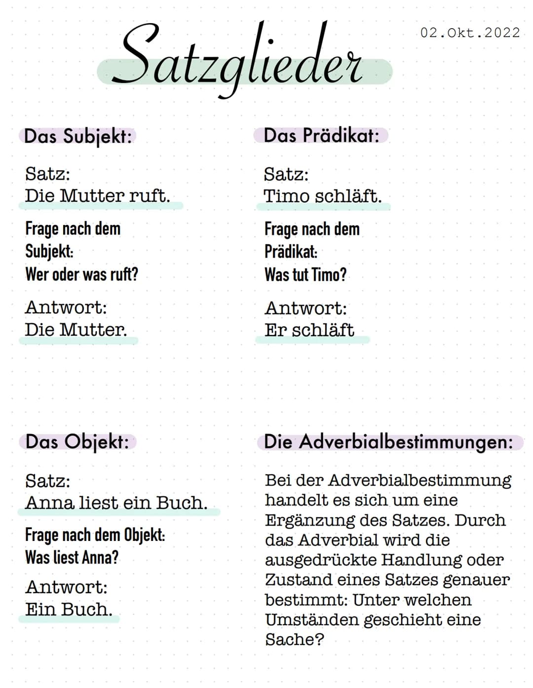 Satzglieder
Das Subjekt:
Satz:
Die Mutter ruft.
Frage nach dem
Subjekt:
Wer oder was ruft?
Antwort:
Die Mutter.
Das Objekt:
Satz:
Anna liest