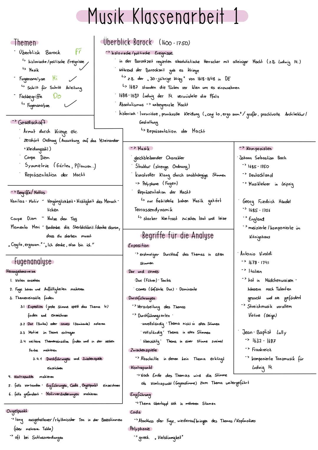 # Musik Klassenarbeit 1

## Themen
- Überblick Barock Fr
  > historische/politische Ereignisse/
  s Masik
- Fugenanalyse Hi
  Scheilt für Sc