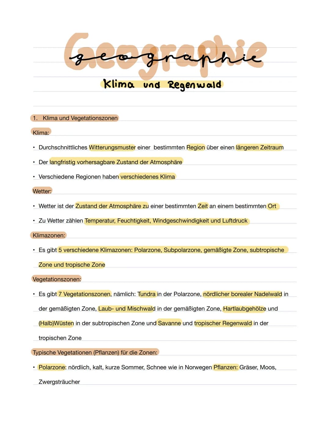1. Klima und Vegetationszonen
Klima:
Geographie
Klima und Regenwald
• Durchschnittliches Witterungsmuster einer bestimmten Region über einen