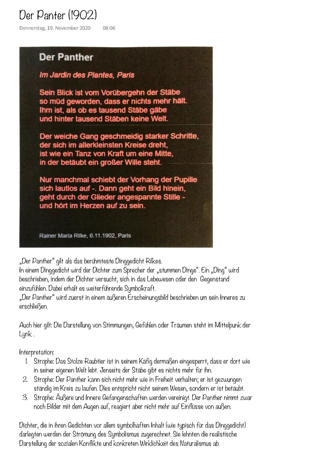 Der Panther von Rainer Maria Rilke - Interpretation Kurz und PDF Text