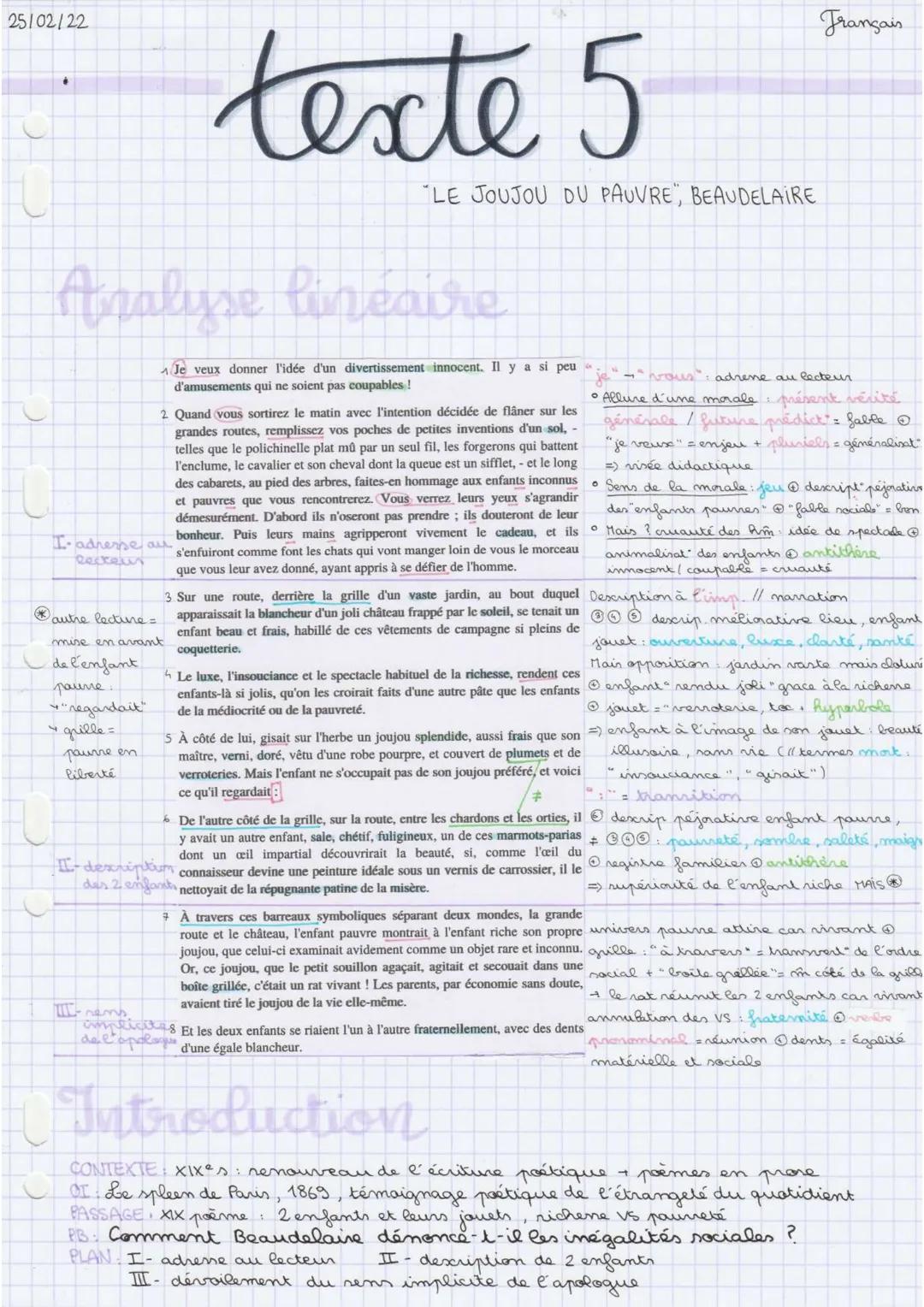 25/02/22

# texte 5

"LE JOUJOU DU PAUVRE, BEAUDELAIRE

## Azalyse linéaire

1. Je veux donner l'idée d'un divertissement innocent. Il y a s