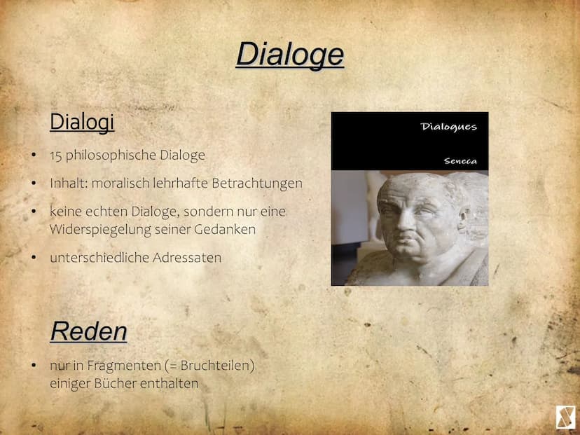 
<p>Die Werke von Seneca umfassen Dichtungen, Briefe, Dialoge, Reden, Epigramme und Tragödien.</p>
<h2 id="dichtungen">Dichtungen</h2>
<p>Se