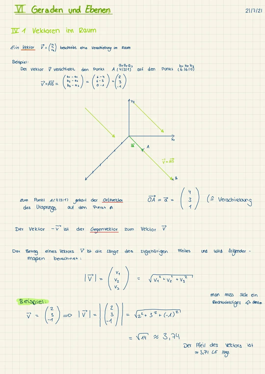 I 1 Vektoren im Raum
Geraden und Ebenen
Ein Vektor
Beispiel:
V =
= (²) beschreibt eine Verschiebung
Der Vektor ✓ verschiebt
Der
✓=AB=
Vektor