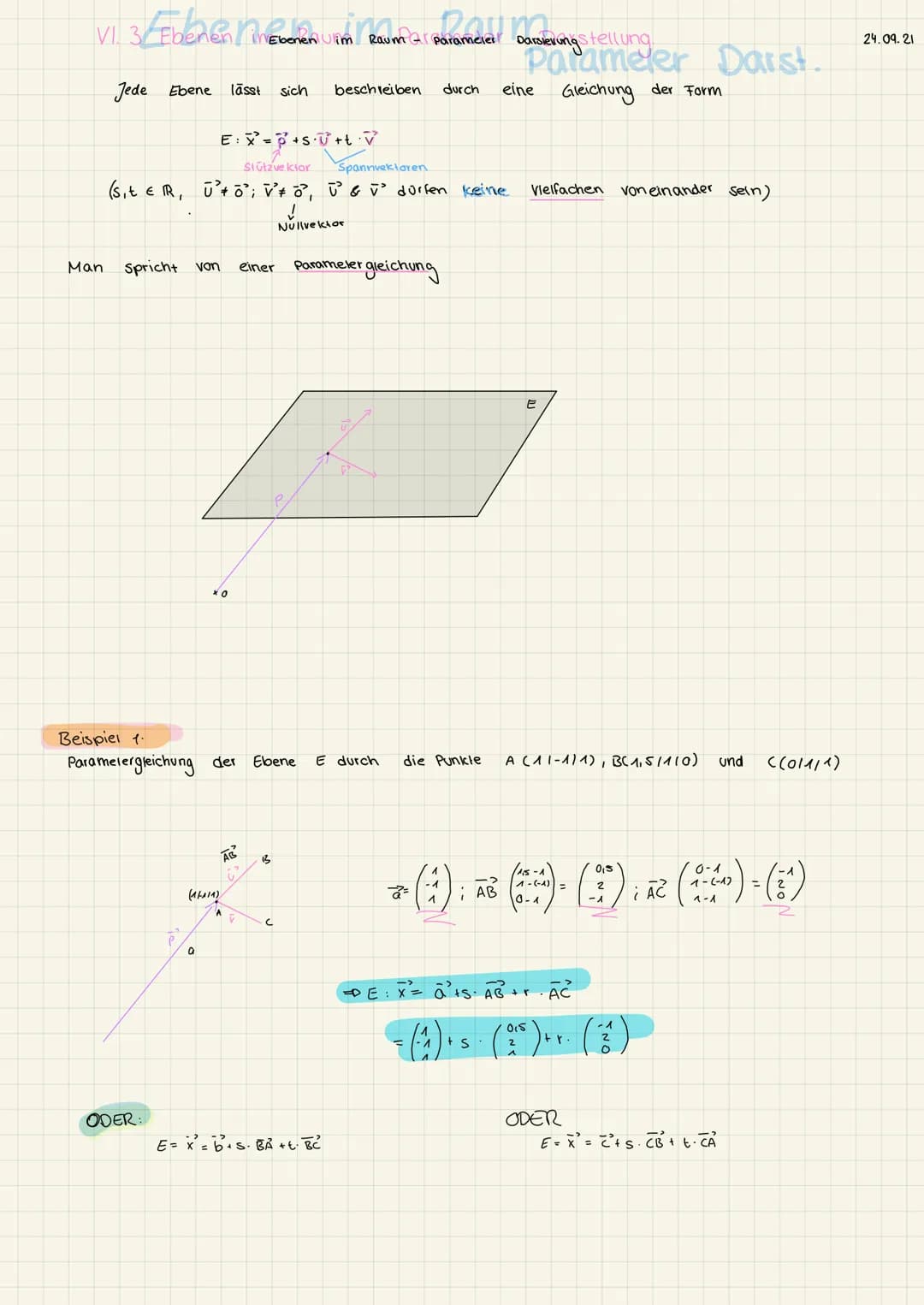 I 1 Vektoren im Raum
Geraden und Ebenen
Ein Vektor
Beispiel:
V =
= (²) beschreibt eine Verschiebung
Der Vektor ✓ verschiebt
Der
✓=AB=
Vektor