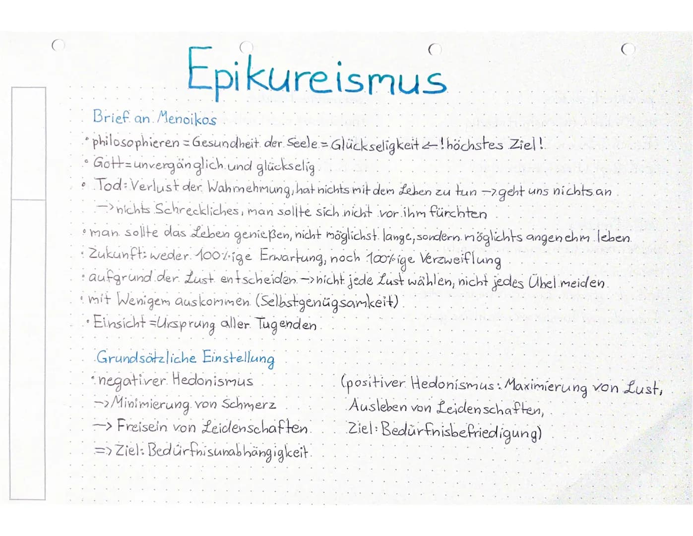 Epikureismus
Brief an Menoikos
• philosophieren = Gesundheit der Seele = Glückseligkeit höchstes Ziel!
• Gott unvergänglich und glückselig.
