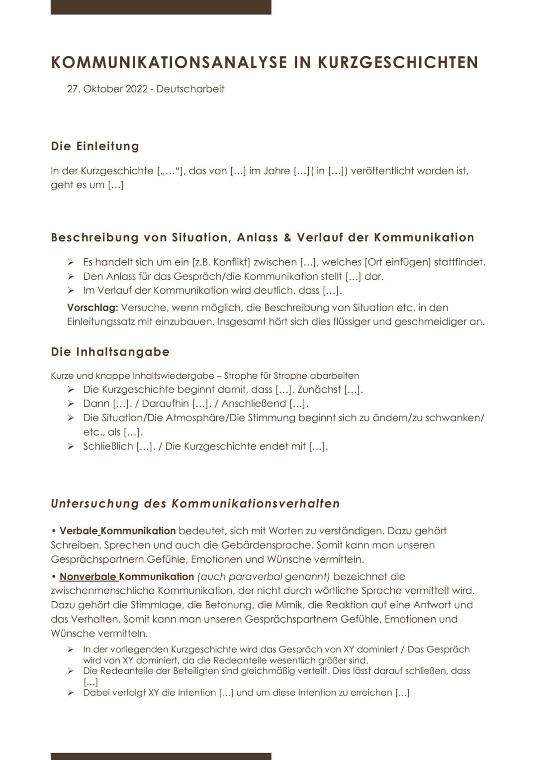 KOMMUNIKATIONSANALYSE IN KURZGESCHICHTEN
27. Oktober 2022 - Deutscharbeit
Die Einleitung
In der Kurzgeschichte [..."], das von [...] im Jahr