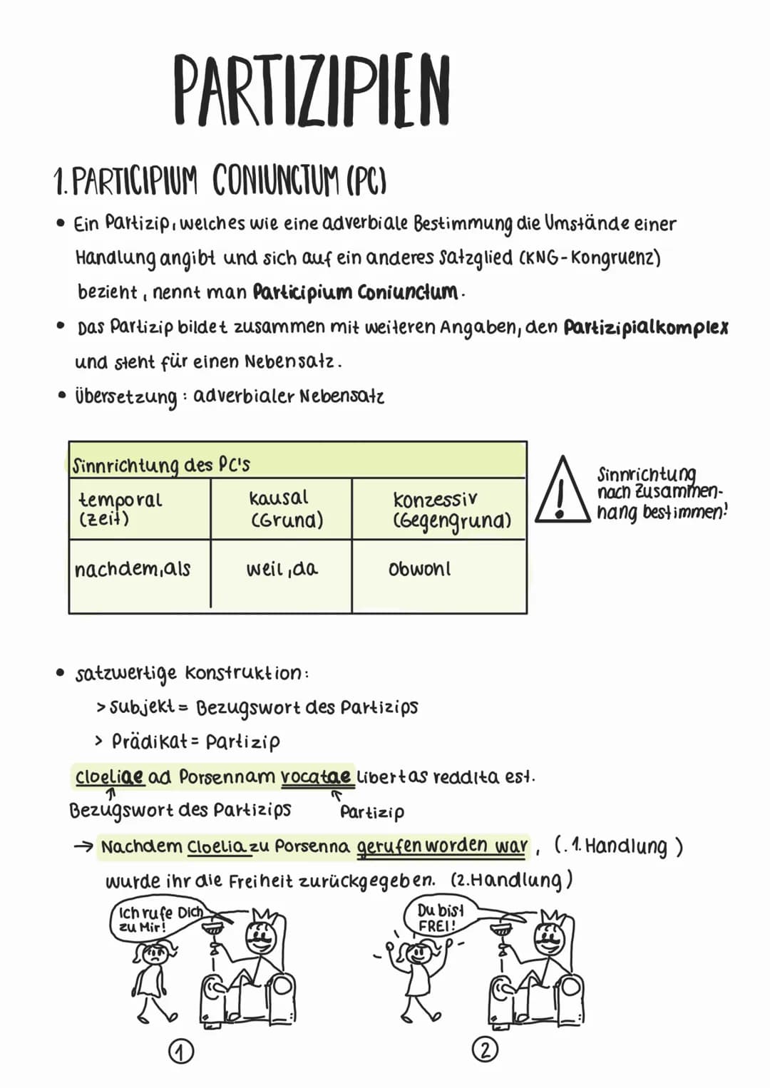 PARTIZIPIEN
1. PARTICIPIUM CONIUNCTUM (PC)
• Ein Partizip, welches wie eine adverbiale Bestimmung die Umstände einer
Handlung angibt und sic