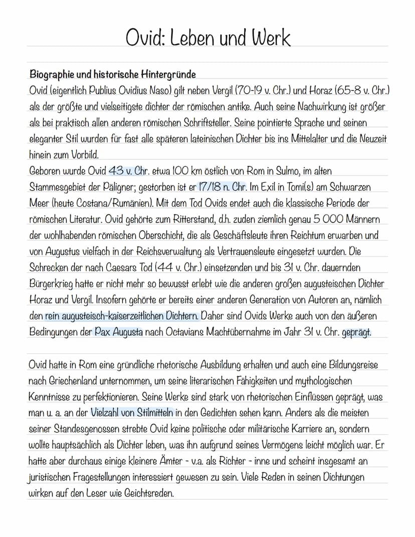  Ovid: Leben und Werk
Biographie und historische Hintergründe
Ovid (eigentlich Publius Ovidius Naso) gilt neben Vergil (70-19 v. Chr.) und H