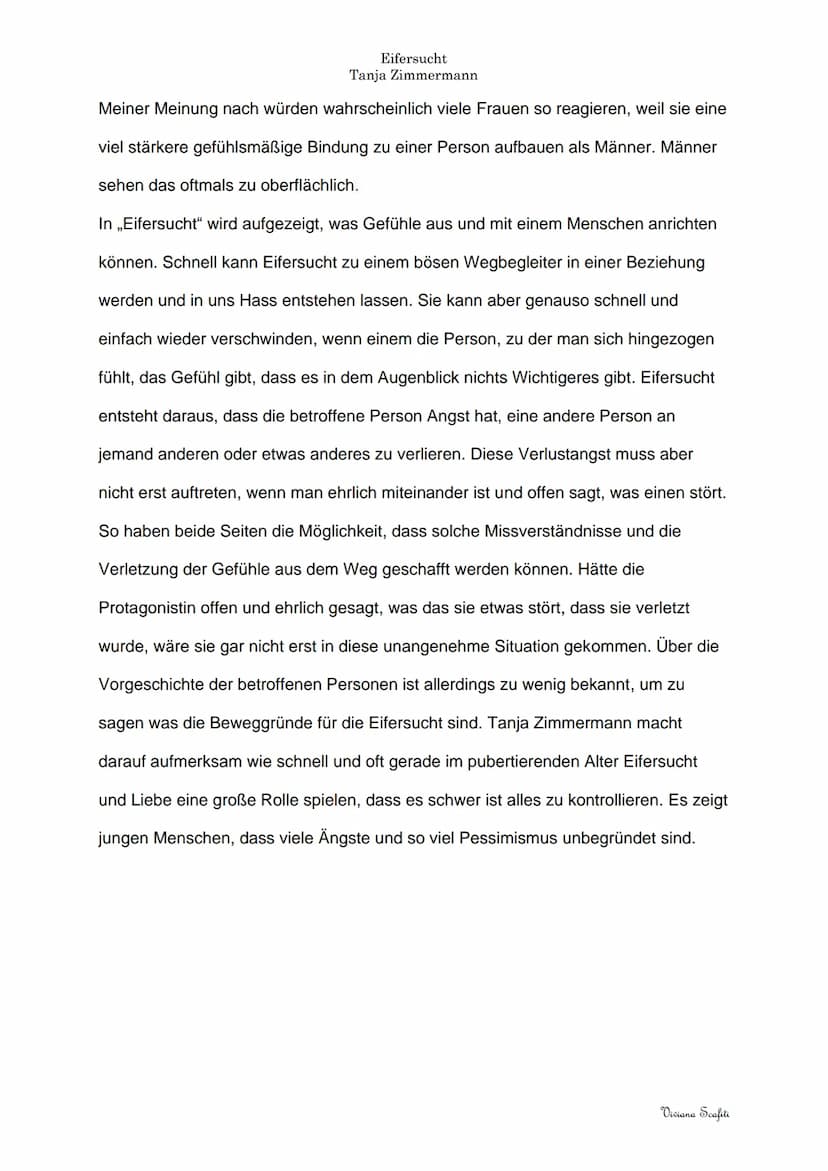 Kurzgeschichte Interpretation:
Eifersucht
Tanja Zimmermann
Die Kurzgeschichte „Eifersucht“ von Tanja Zimmermann wurde 1984 veröffentlich
und