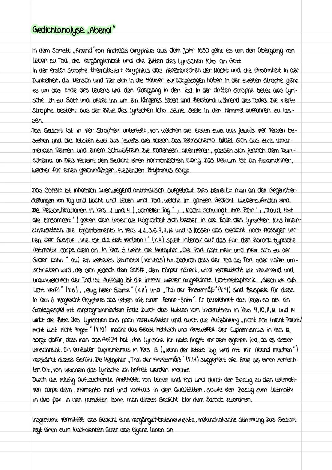 Gedichtanalyse „Abend“ Andreas Gryphius