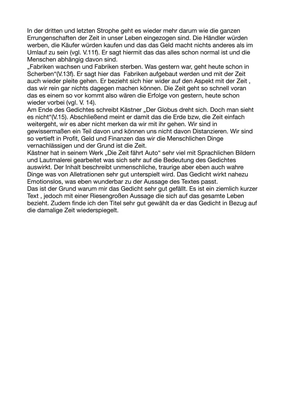 Deutsch-Gedichtsanalyse
Bei dem Gedicht „Die Zeit fährt Auto" geschrieben von Erich Kästner im Jahre
1928 geht es um den wirtschaftlichen Wa