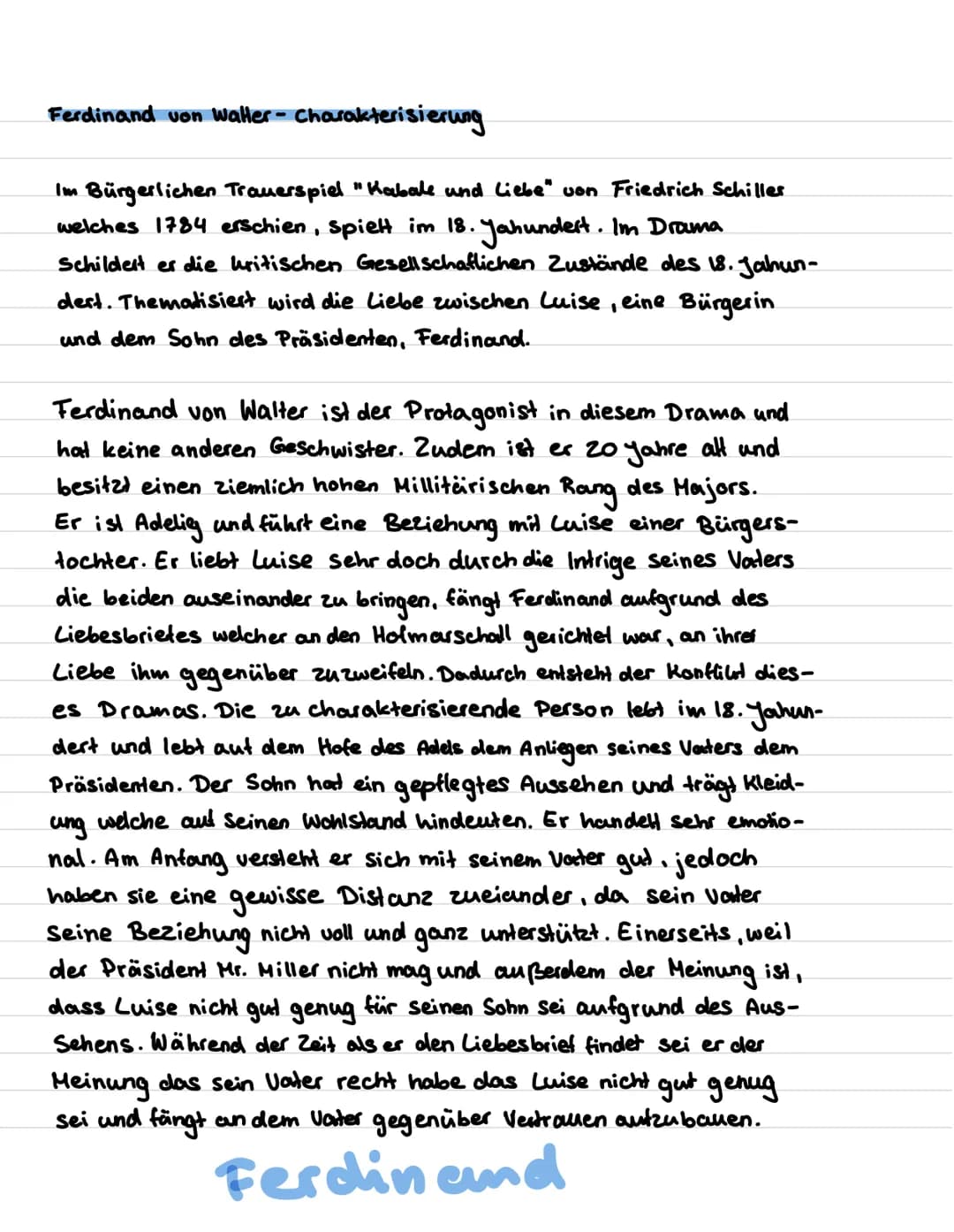 Ferdinand von Walter - Charakterisierung
Im Bürgerlichen Trauerspiel "Kabale und Liebe" von Friedrich Schiller
welches 1784 erschien, spielt