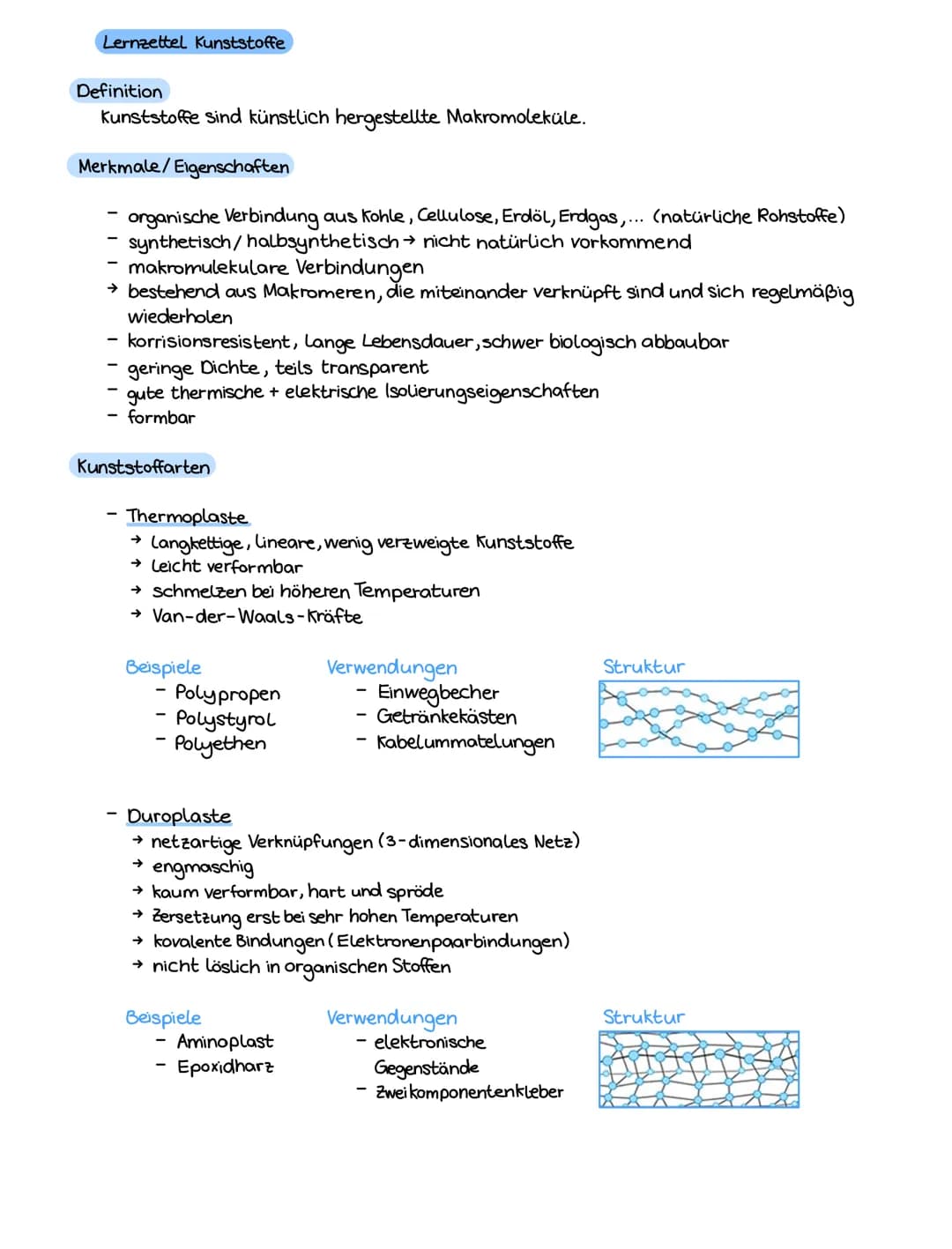 Lernzettel Kunststoffe
Definition
Kunststoffe sind künstlich hergestellte Makromoleküle.
Merkmale/Eigenschaften
organische Verbindung aus Ko