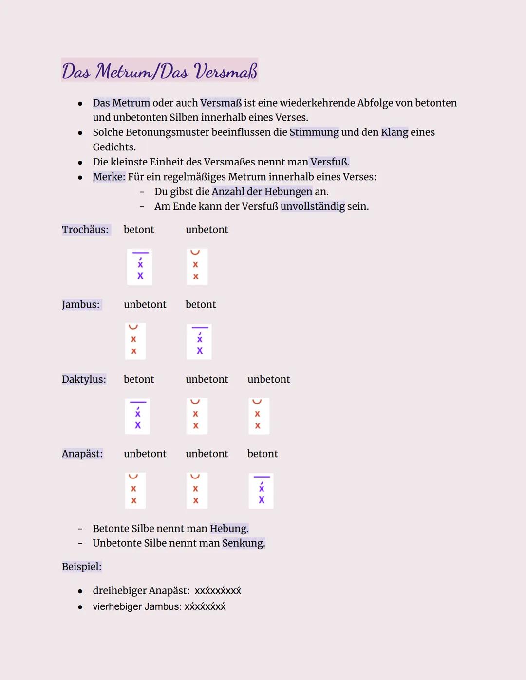 Das Metrum/Das Versmaß
Das Metrum oder auch Versmaß ist eine wiederkehrende Abfolge von betonten
und unbetonten Silben innerhalb eines Verse