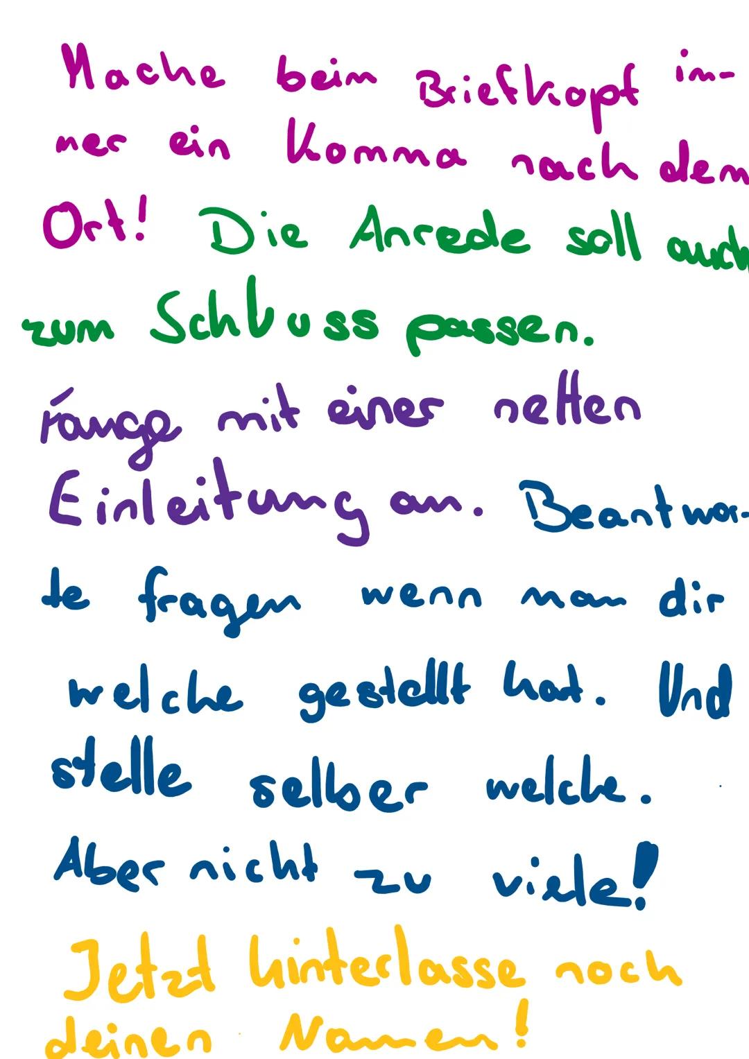 Einen persönlichen Brief schreiben
Ein persönlicher Brief ist in Fünf Teile
eingeteilt. Zu Erst kommt der Briefkopf,
danach die Anrede dann 