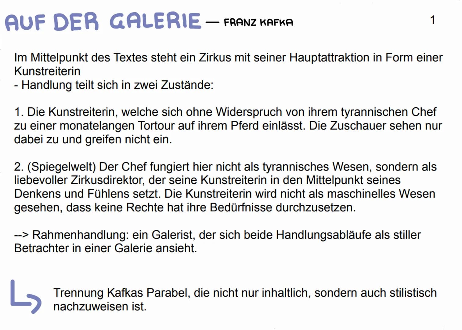 AUF DER GALERIE – FRANZ KAFKA
Im Mittelpunkt des Textes steht ein Zirkus mit seiner Hauptattraktion in Form einer
Kunstreiterin
- Handlung t