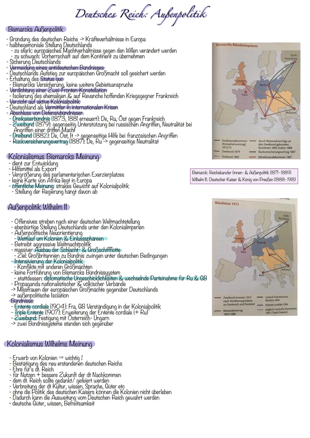 Deutsches Reich: Aufenpolitik
Bismarcks Außenpolitik
Gründung des deutschen Reichs-> Kräfteverhältnisse in Europa
- halbhegemoniale Stellung