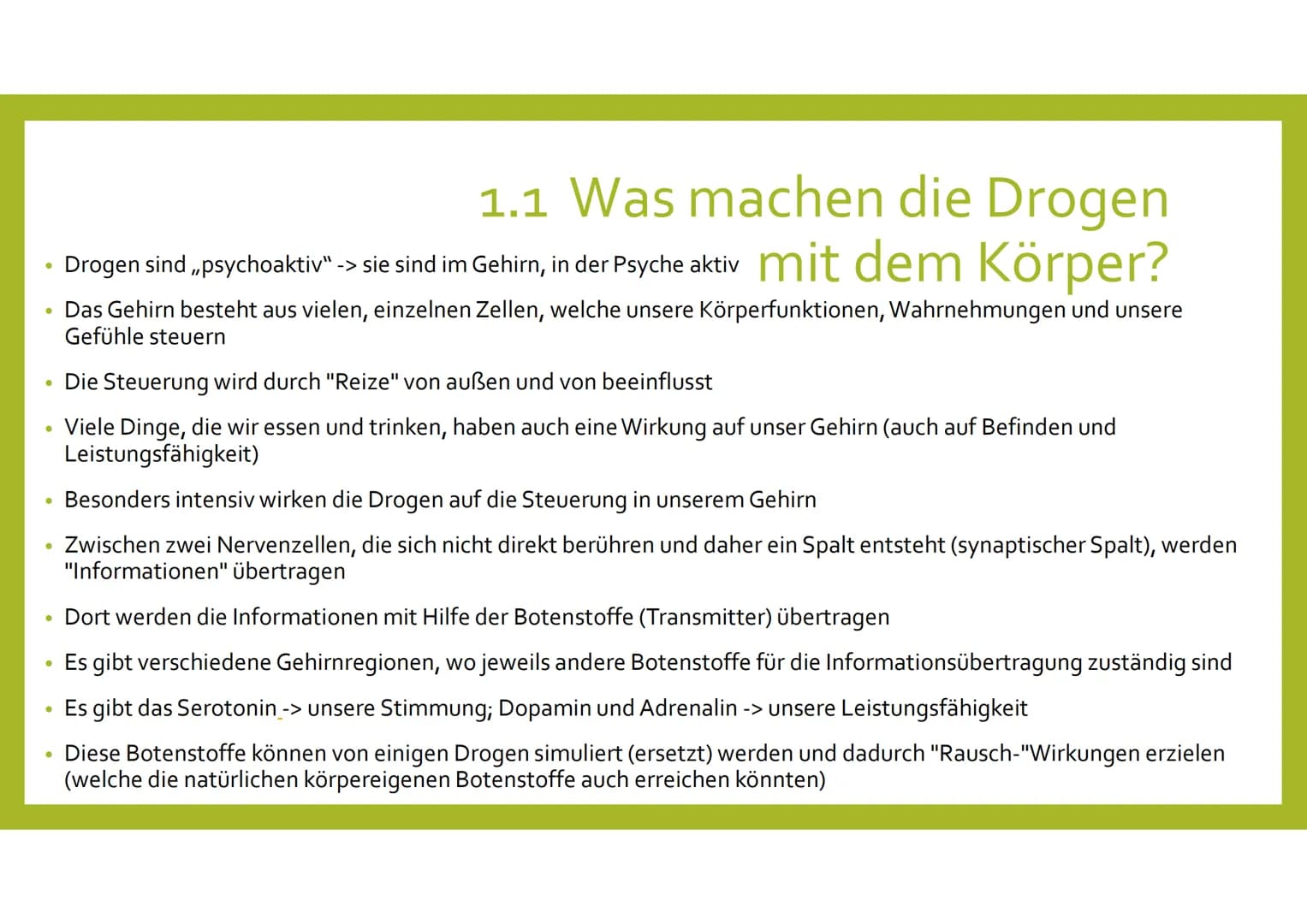 DROGEN UND SUCHT
Aileen
Klasse 8a
GFS, Biologie 1.
2.
3.
4.
Was ist Sucht?
1.1 Was machen die Drogen mit dem Körper
1.2 Ab wann ist man in e