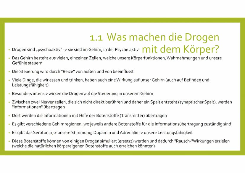 DROGEN UND SUCHT
Aileen
Klasse 8a
GFS, Biologie 1.
2.
3.
4.
Was ist Sucht?
1.1 Was machen die Drogen mit dem Körper
1.2 Ab wann ist man in e