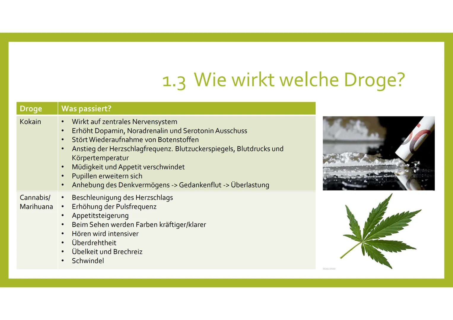 DROGEN UND SUCHT
Aileen
Klasse 8a
GFS, Biologie 1.
2.
3.
4.
Was ist Sucht?
1.1 Was machen die Drogen mit dem Körper
1.2 Ab wann ist man in e