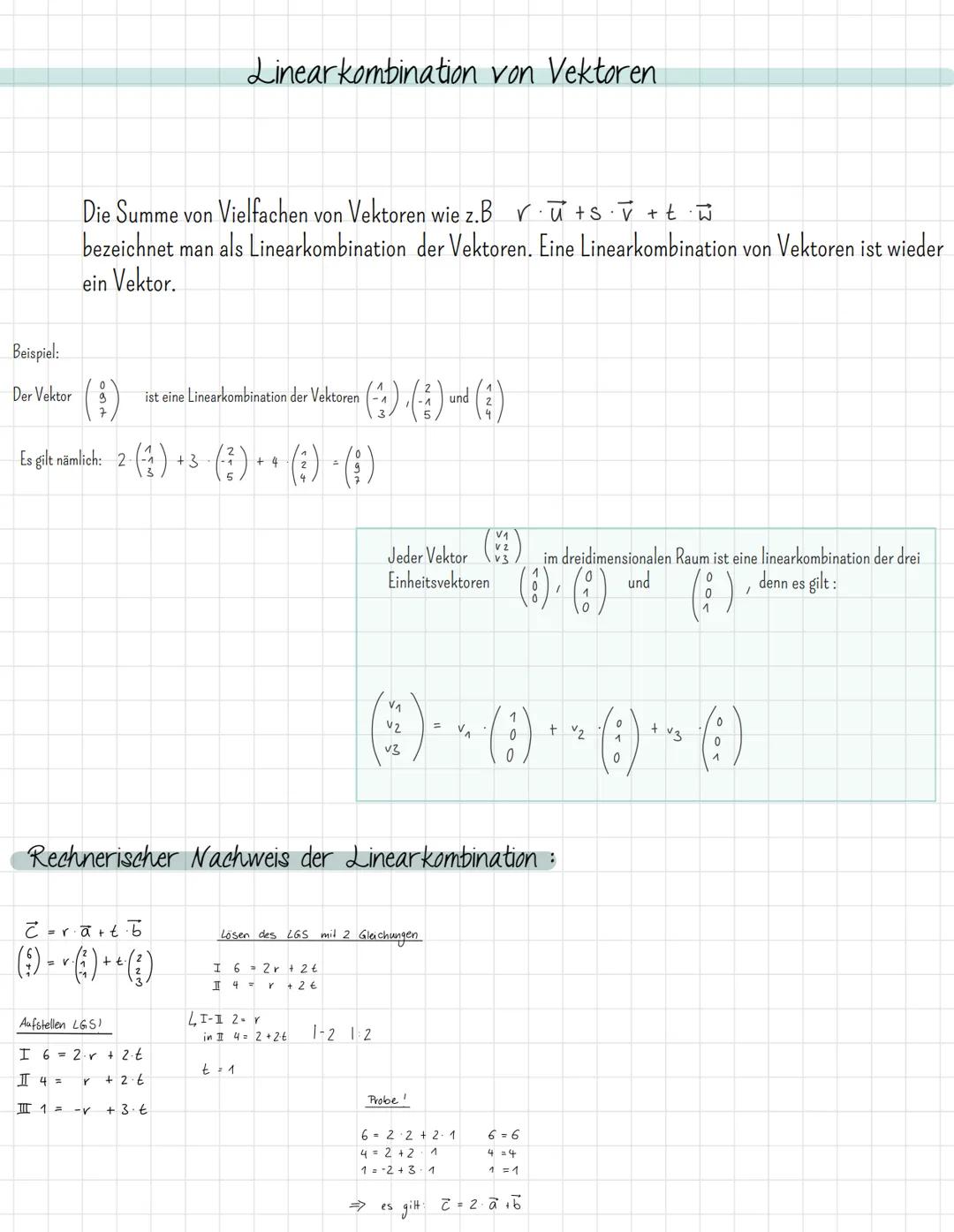 # Linearkombination von Vektoren

Die Summe von Vielfachen von Vektoren wie z.B. $\vec{r} \cdot \vec{u} + s \cdot \vec{v} + t \cdot \vec{w}$