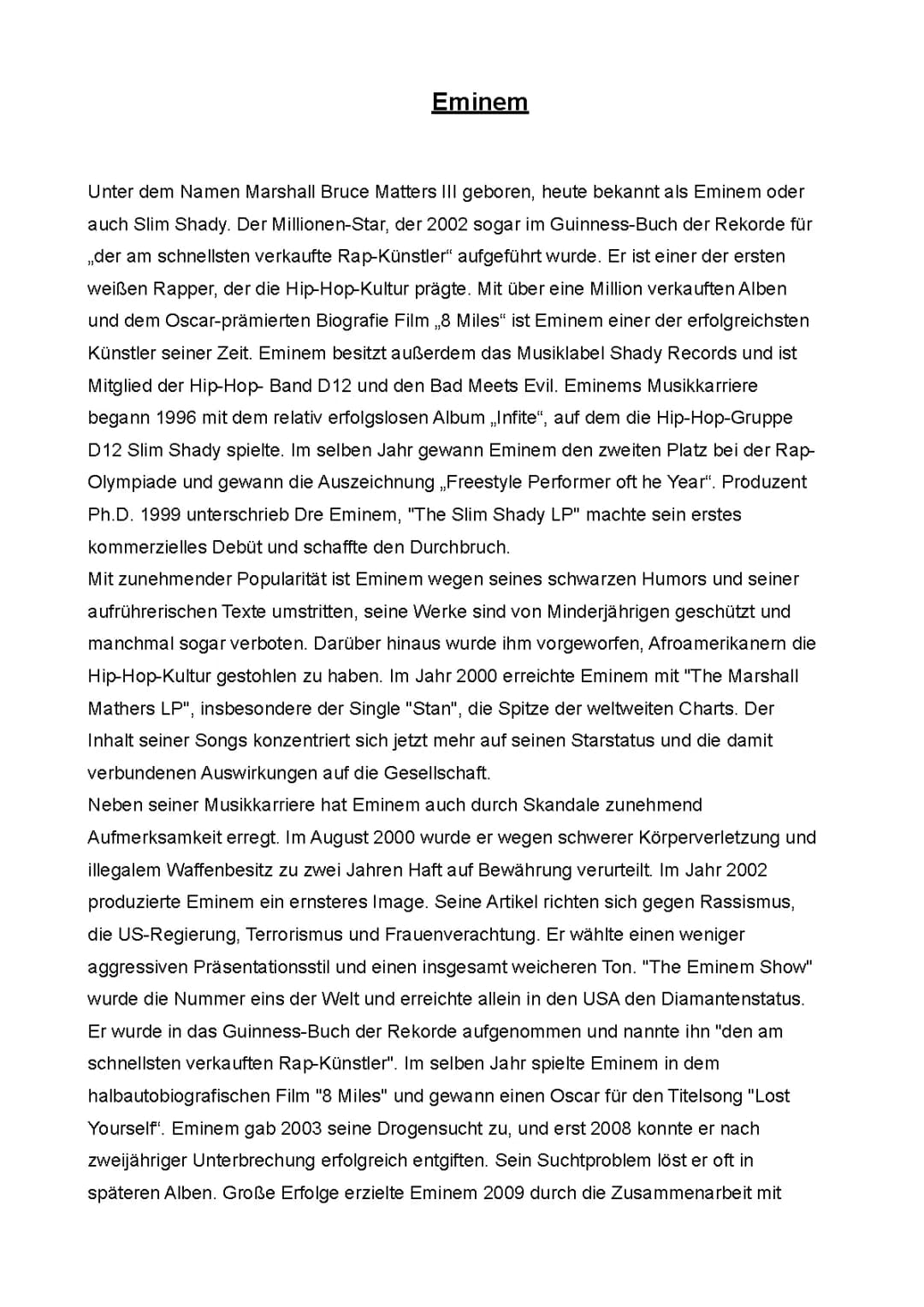 Eminems Leben und Karriere: Ein Aufsatz für die 9. Klasse