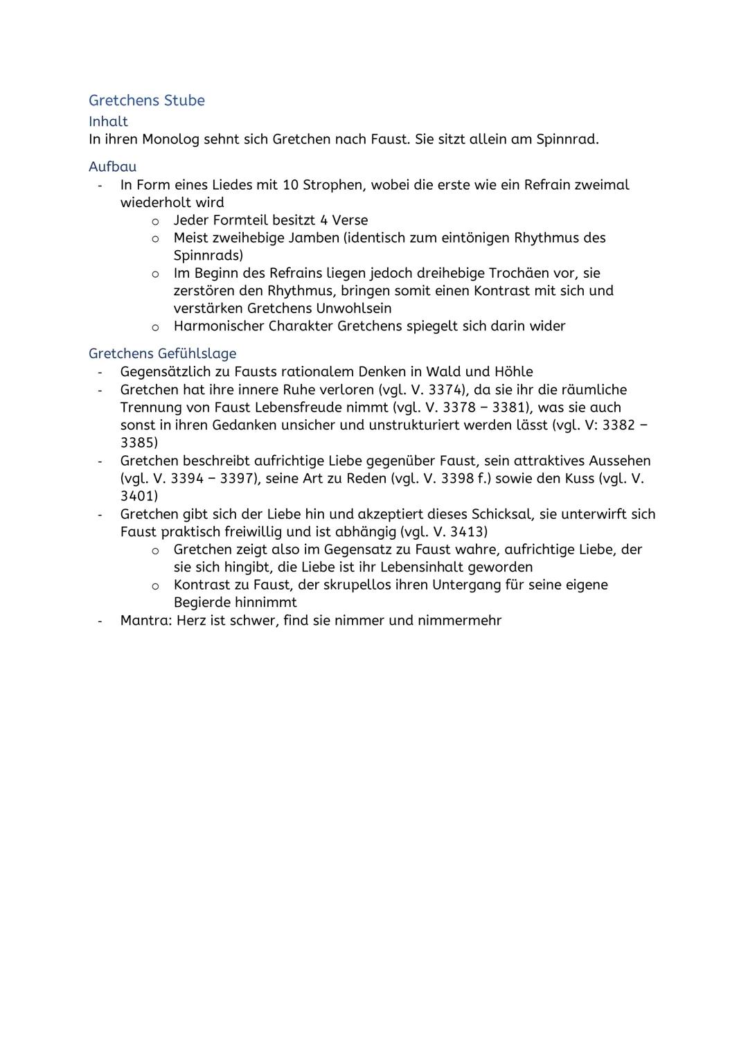 Gretchens Stube
Inhalt
In ihren Monolog sehnt sich Gretchen nach Faust. Sie sitzt allein am Spinnrad.
Aufbau
- In Form eines Liedes mit 10 S
