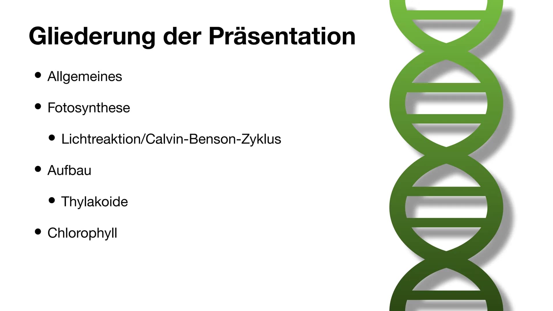 Der Chloroplast Gliederung der Präsentation
Allgemeines
• Fotosynthese
• Lichtreaktion/Calvin-Benson-Zyklus
• Aufbau
• Thylakoide
Chlorophyl
