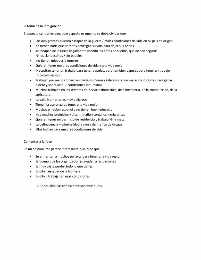 Examel oral Espanol
1-Describir una foto ( los elementos y lo que ve)
2- Interpretación de la foto
3- El tema de la inmigración
4- Commetari