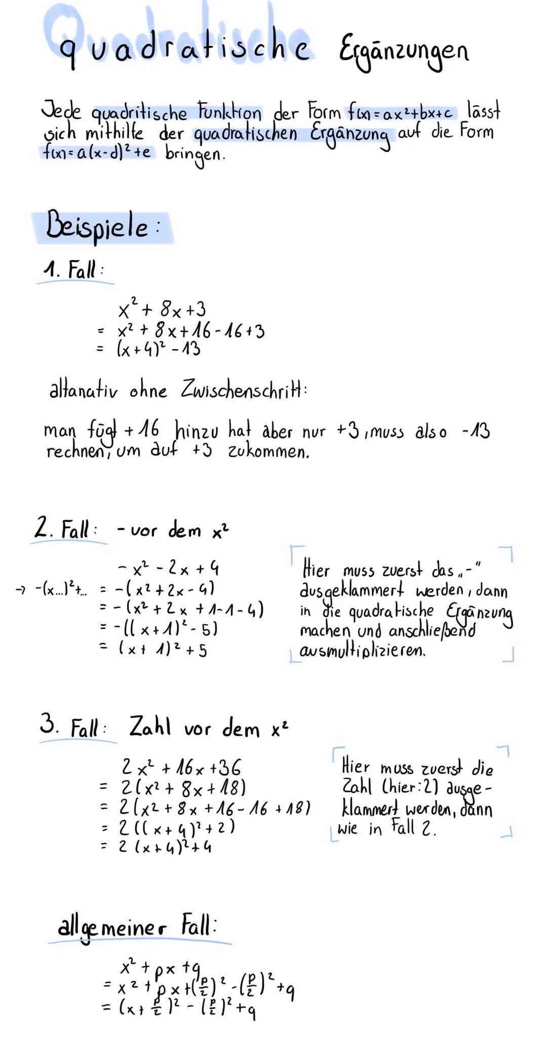 # quadratische Ergänzungen

Jede quadritische Funktion der Form fox=ax2+bx+c lāsst
sich mithilfe der quadratischen Ergänzung auf die Form
f(