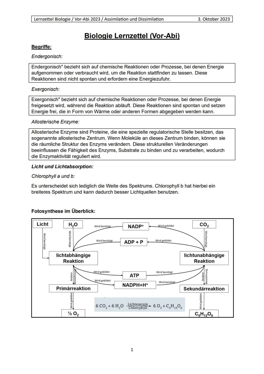 Lernzettel Biologie / Vor-Abi 2023 / Assimilation und Dissimilation
Begriffe:
Endergonisch:
Endergonisch" bezieht sich auf chemische Reaktio