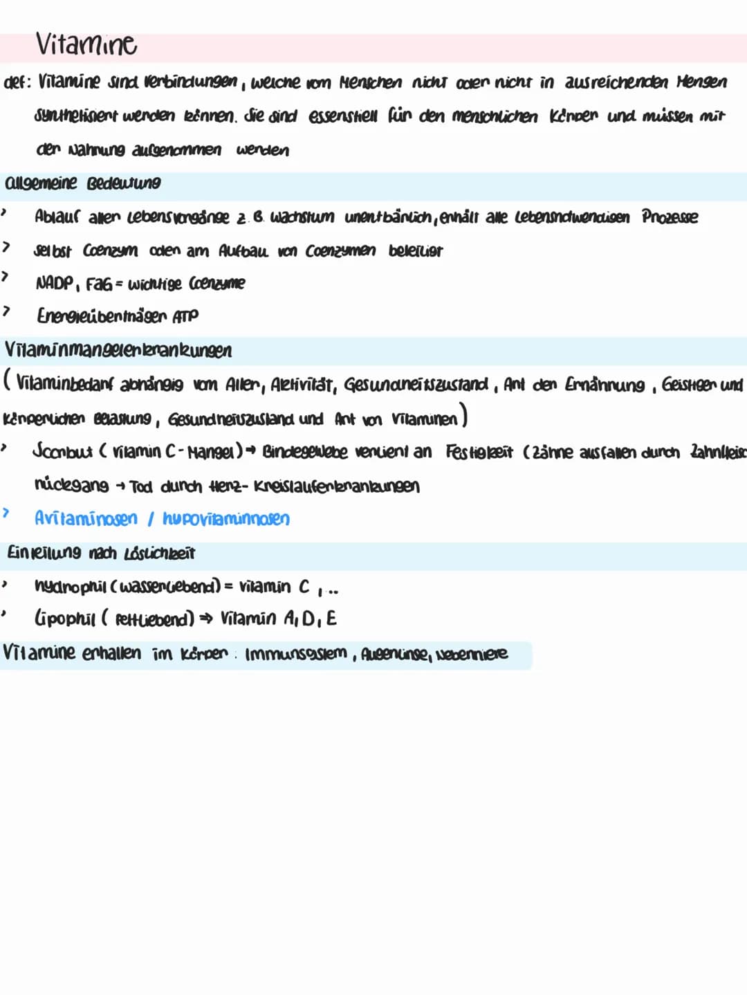 Vitamine
def: Vitamine sind verbindungen, welche vom Menschen nicht oder nicht in ausreichenden Mengen
Synthetisiert werden können. Sie sind
