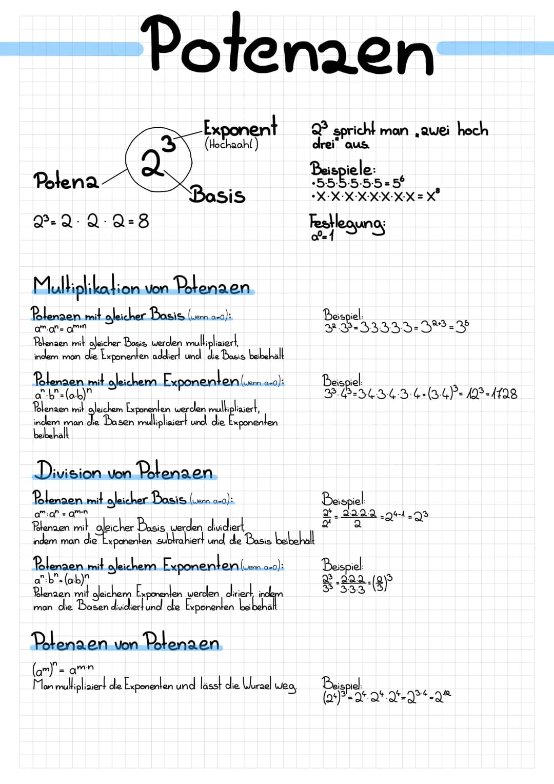 Potenzen
Potena.
23 = २.२.२ = 8
3
2
n
Exponent
(Hochaahl)
Basis
Multiplikation von Potenzen.
Potenaen mit gleicher Basis (wenn a-0):
am anam