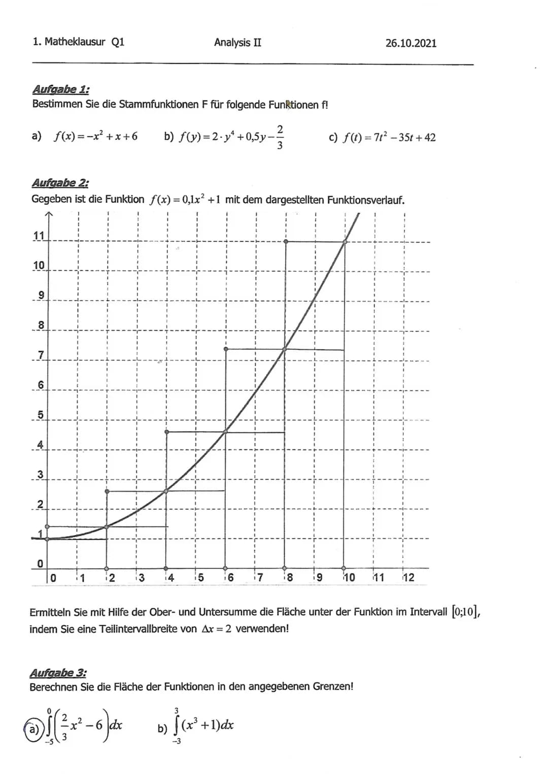 1. Matheklausur Q1
Aufgabe 1:
Bestimmen Sie die Stammfunktionen F für folgende Funktionen f!
a) f(x)=-x²+x+6 b) f(y)=2-y¹ +0,5y-
11
10
9
Auf