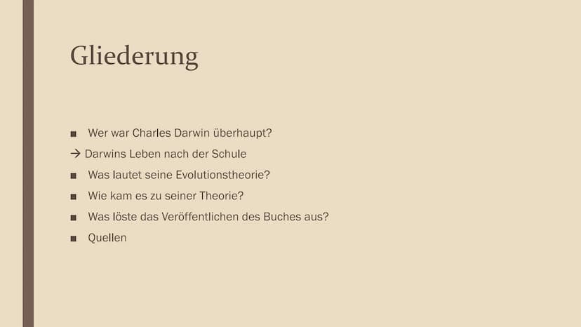 EVOLUTIONSTHEORIE
NACH C. DARWIN
Präsentation für Philosophie
von Lena Gliederung
Wer war Charles Darwin überhaupt?
→ Darwins Leben nach der