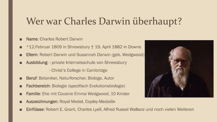 EVOLUTIONSTHEORIE
NACH C. DARWIN
Präsentation für Philosophie
von Lena Gliederung
Wer war Charles Darwin überhaupt?
→ Darwins Leben nach der