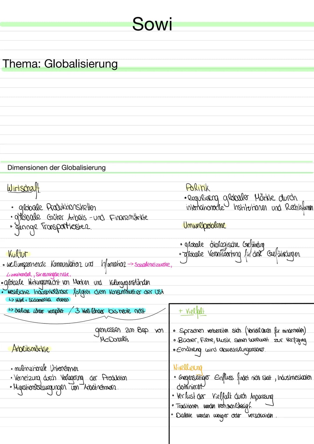 Thema: Globalisierung
Dimensionen der Globalisierung
Wirtschaft
0
globale Produktionsketten
•
• globale Güter Arbeits- und Finanzmärkte
• Ge