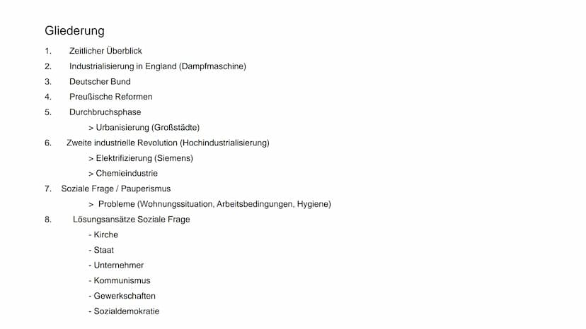 Industrialisierung und Soziale Frage Gliederung
1.
Zeitlicher Überblick
2. Industrialisierung in England (Dampfmaschine)
3.
Deutscher Bund
4