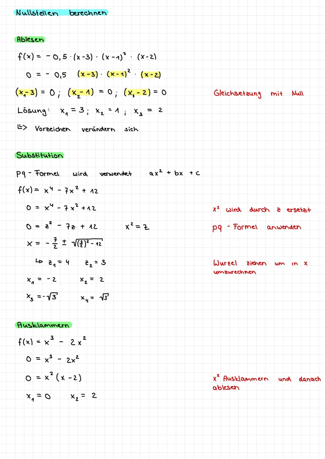 
<p>Die Funktion f(x) = -0,5(x-3)⋅(x-1)²·(x-2) kann als f(x) = 0,5(x-3)·(x-1)²·(x-2) umgeschrieben werden. Die Nullstellen werden durch (x-3