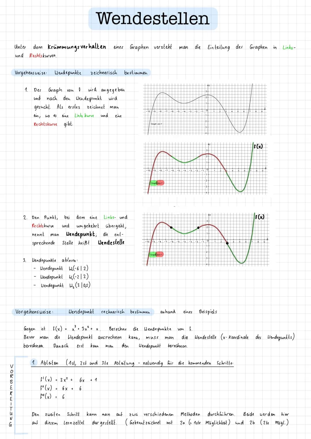 VORBEREITUNG
Unter
dem Krümmungsverhalten. eines Graphen versteht man die Einteilung des Graphen in Links-
und Rechtskurven.
Vorgehensweise: