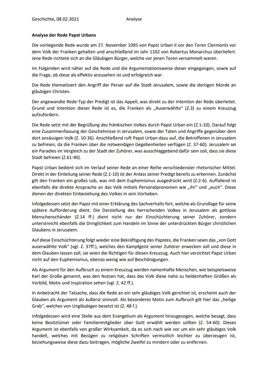 Geschichte, 08.02.2021
Analyse
Analyse der Rede Papst Urbans
Die vorliegende Rede wurde am 27. November 1095 von Papst Urban II vor den Tore