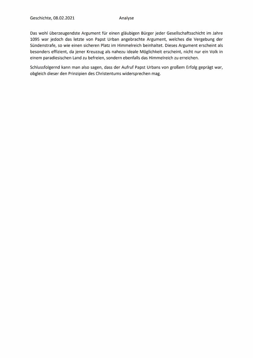 Geschichte, 08.02.2021
Analyse
Analyse der Rede Papst Urbans
Die vorliegende Rede wurde am 27. November 1095 von Papst Urban II vor den Tore